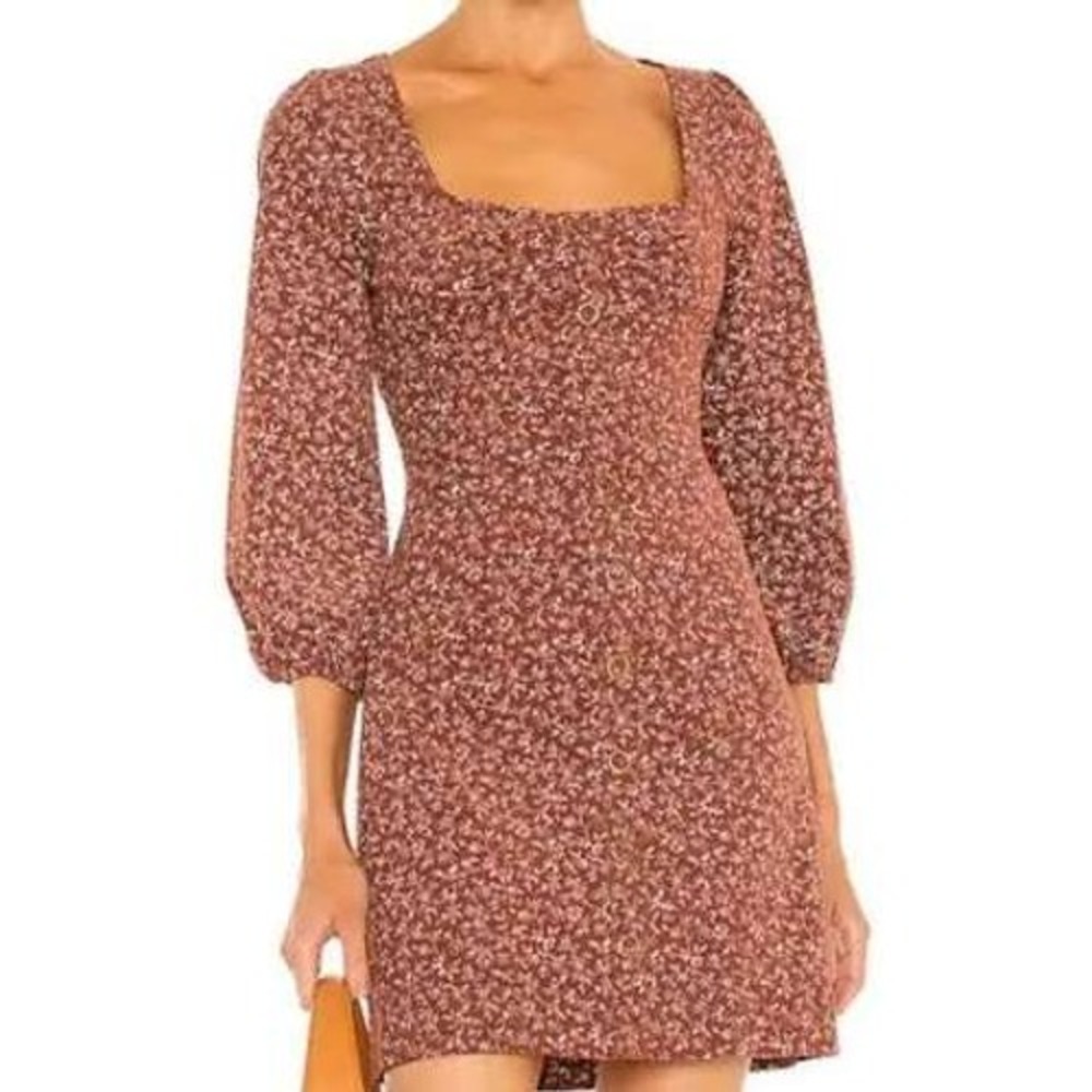 Veronica Beard‎ Mini Dress Size S Rust Floral Corduroy Puff Sleeve Square Neck